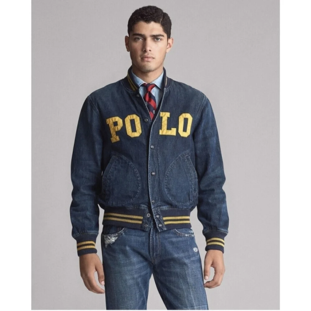 Ralph Lauren Men Denim Baseball Varsity Polo Logo Snap Front Jacket Size XXL